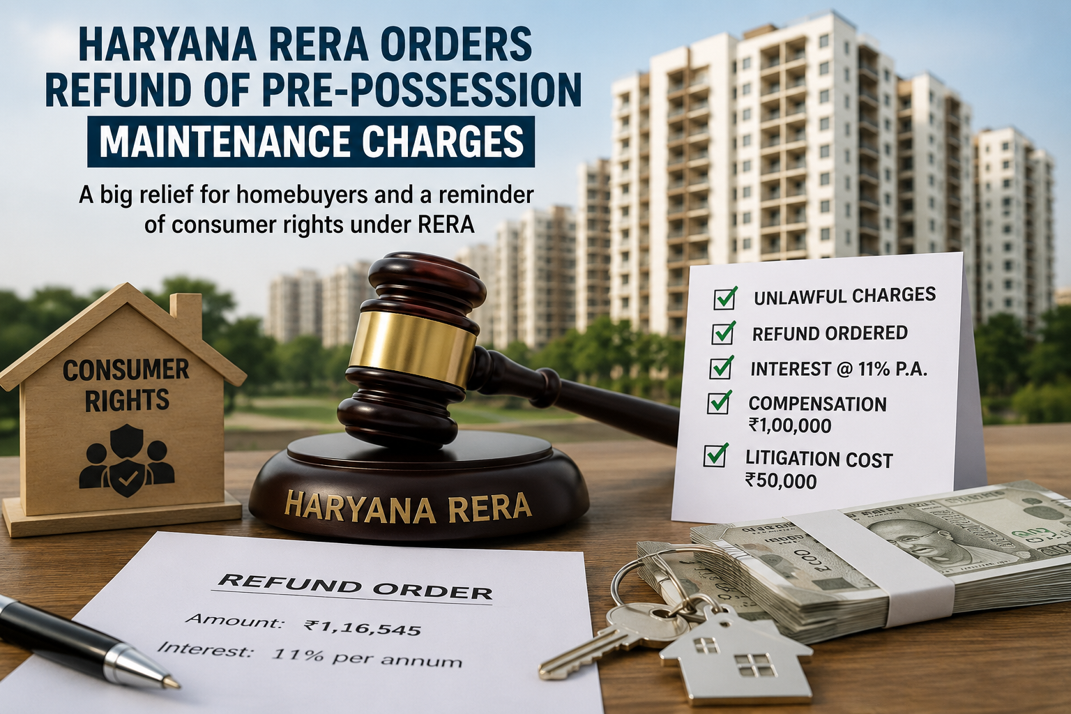 Homebuyer receiving relief after Haryana RERA orders refund of maintenance charges collected before possession.