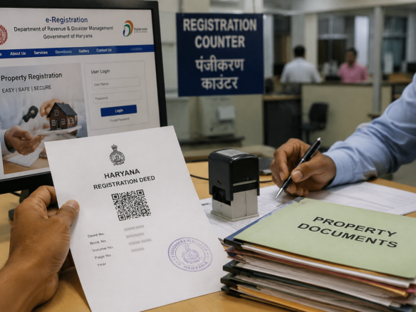 Haryana Property Registration Rules 2026 featuring Aadhaar e-KYC, QR-coded property registration documents, biometric verification, and digital registry process.