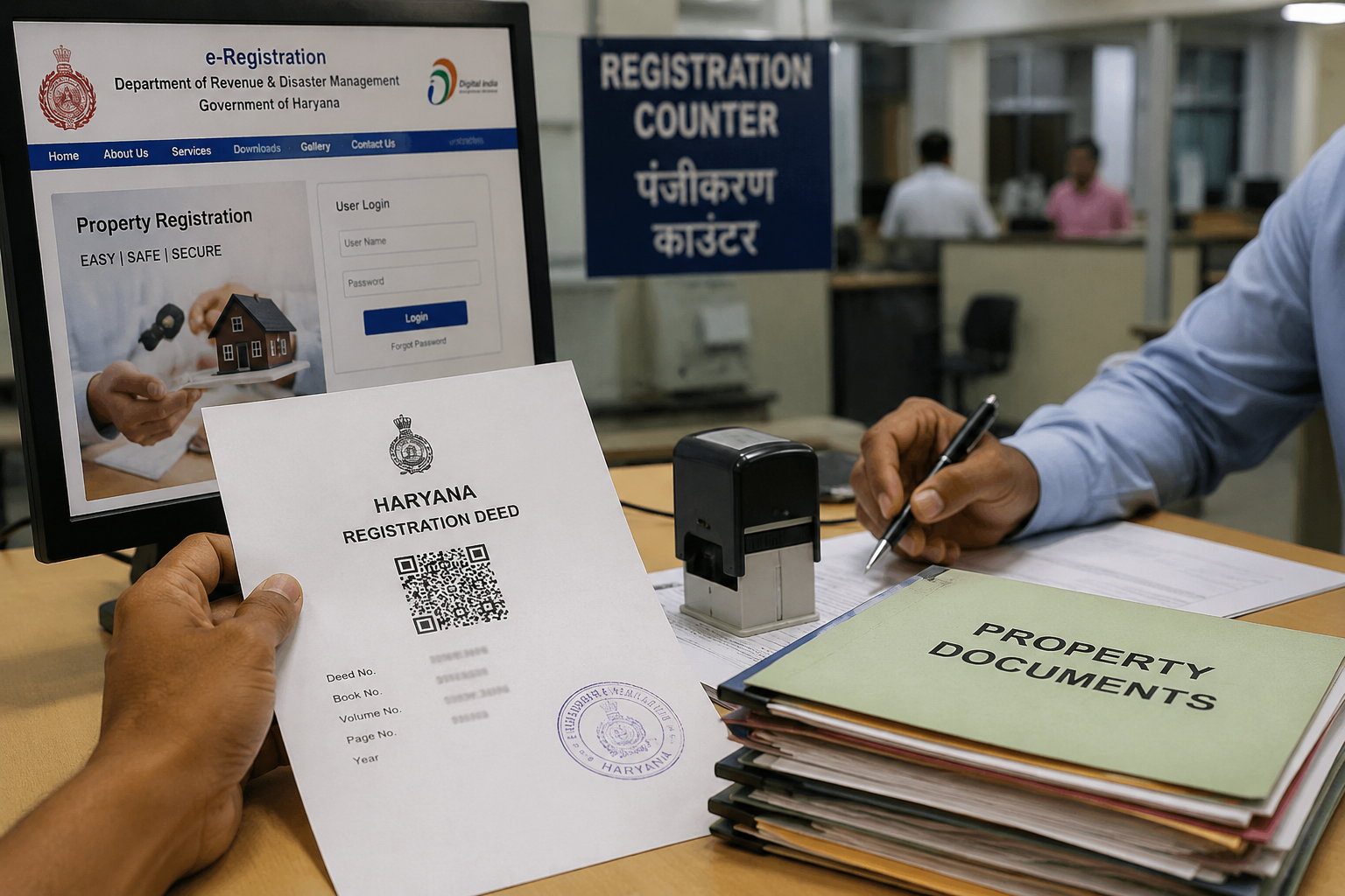 Haryana Property Registration Rules 2026 featuring Aadhaar e-KYC, QR-coded property registration documents, biometric verification, and digital registry process.