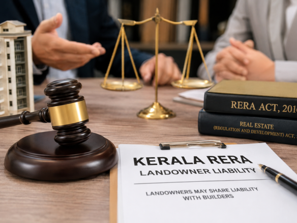 Kerala RERA Landowner Liability ruling showing legal responsibility of landowners and builders in joint development projects under the RERA Act, 2016.