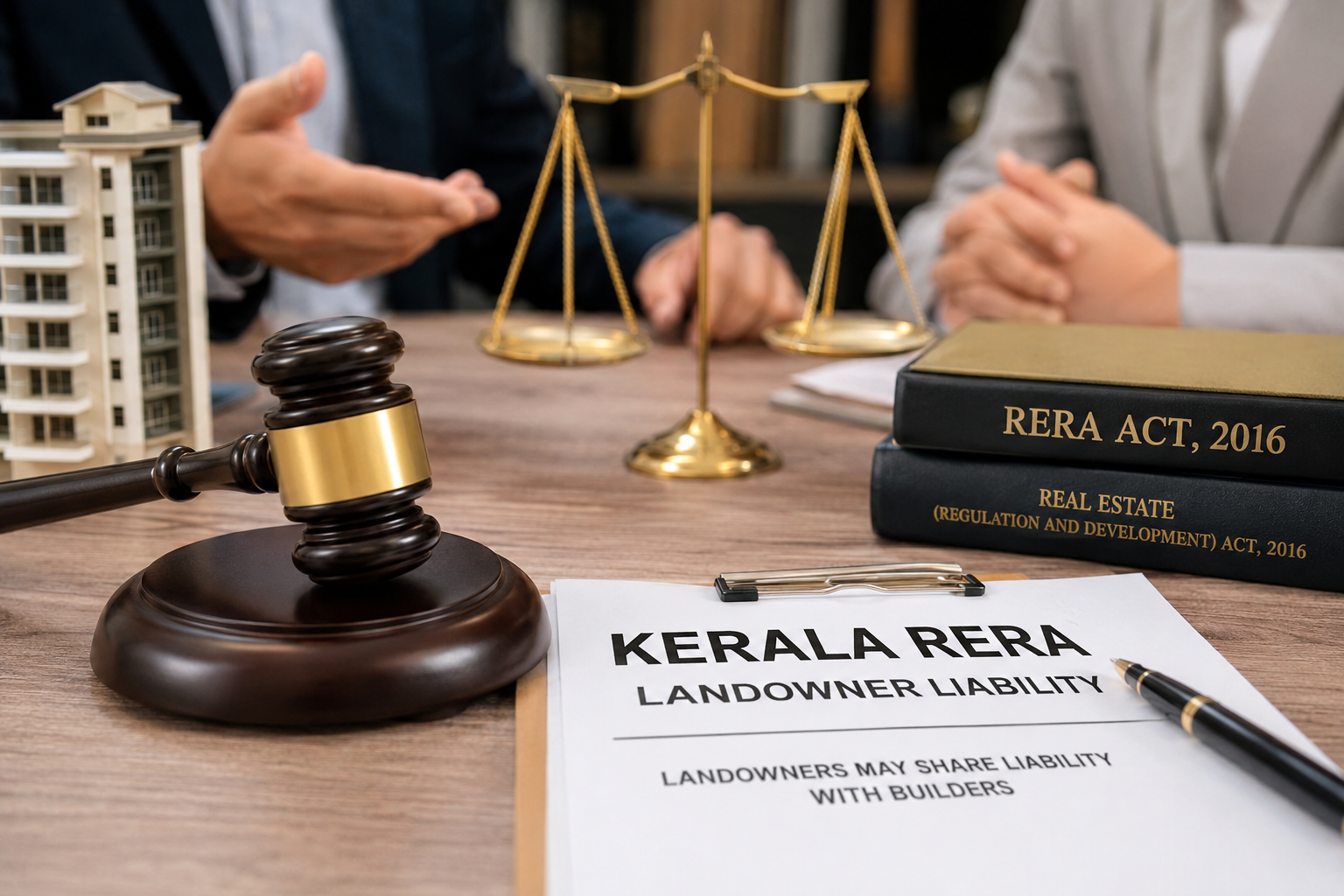 Kerala RERA Landowner Liability ruling showing legal responsibility of landowners and builders in joint development projects under the RERA Act, 2016.