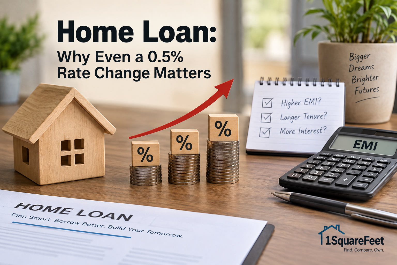 ₹1 crore home loan showing the impact of a 0.5% interest rate change on EMI and interest